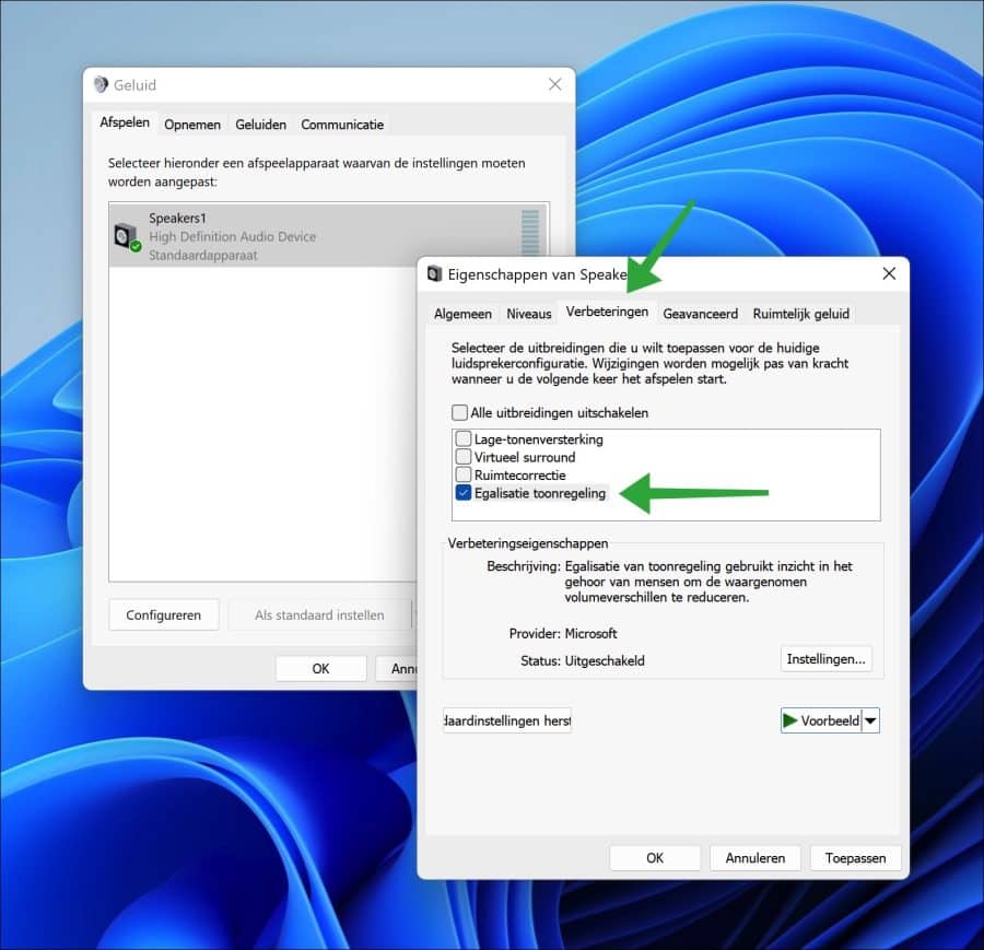 Egalisatie toonregeling inschakelen in Windows 11