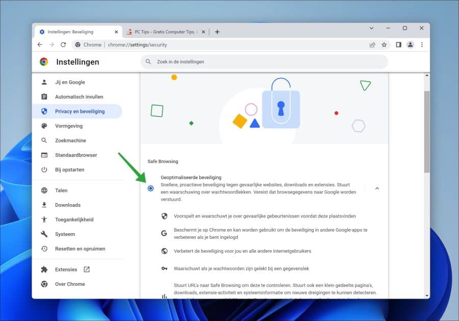Geoptimaliseerde beveiliging inschakelen in Google chrome