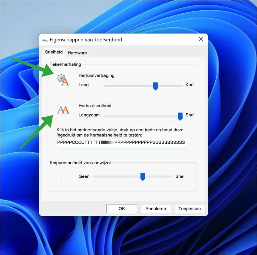 Herhaalvertraging en herhaalsnelheid wijzigen in Windows 11 of 10