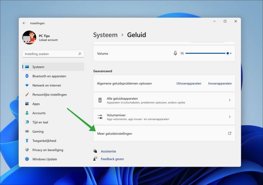 Meer geluidsinstellingen openen in Windows 11