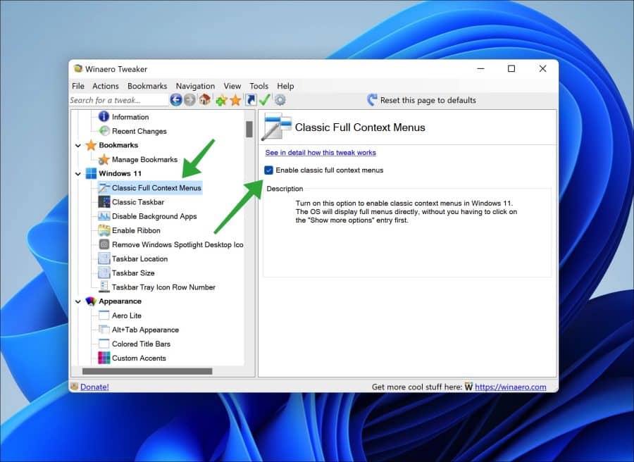Meer opties weergeven uitschakelen via WinAero Tweaker
