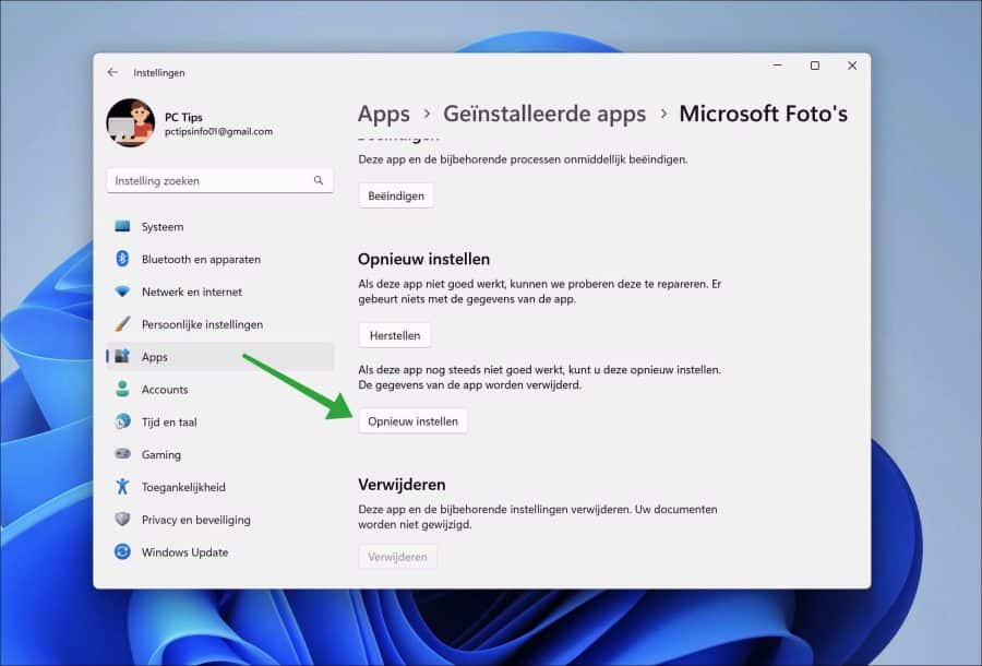 Microsoft Fotos opnieuw instellen