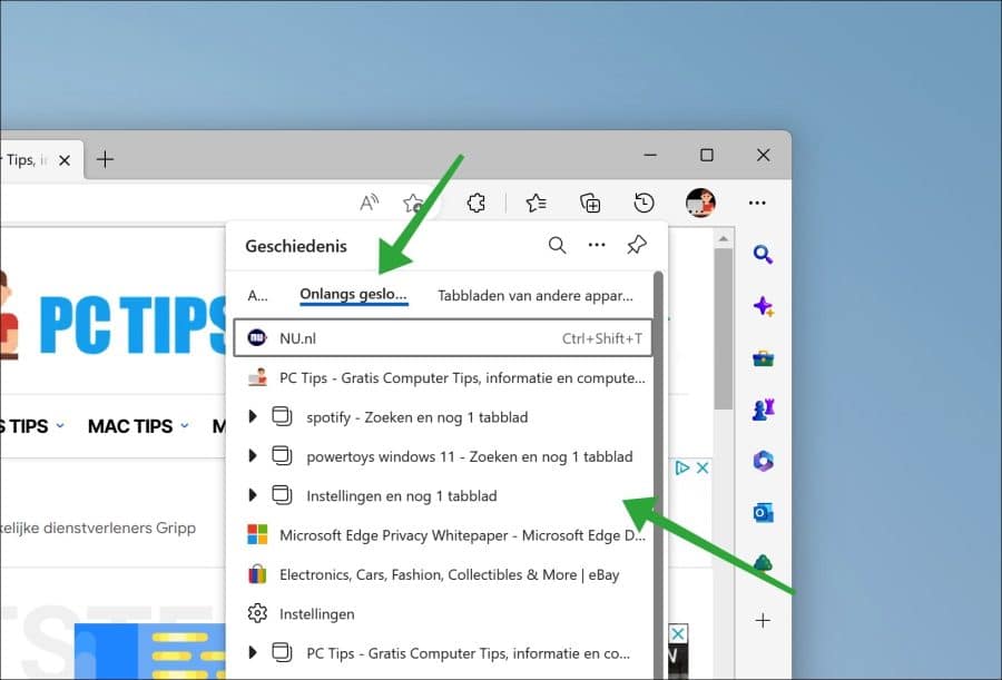 Onlangs gesloten tabbladen in de Microsoft Edge geschiedenis