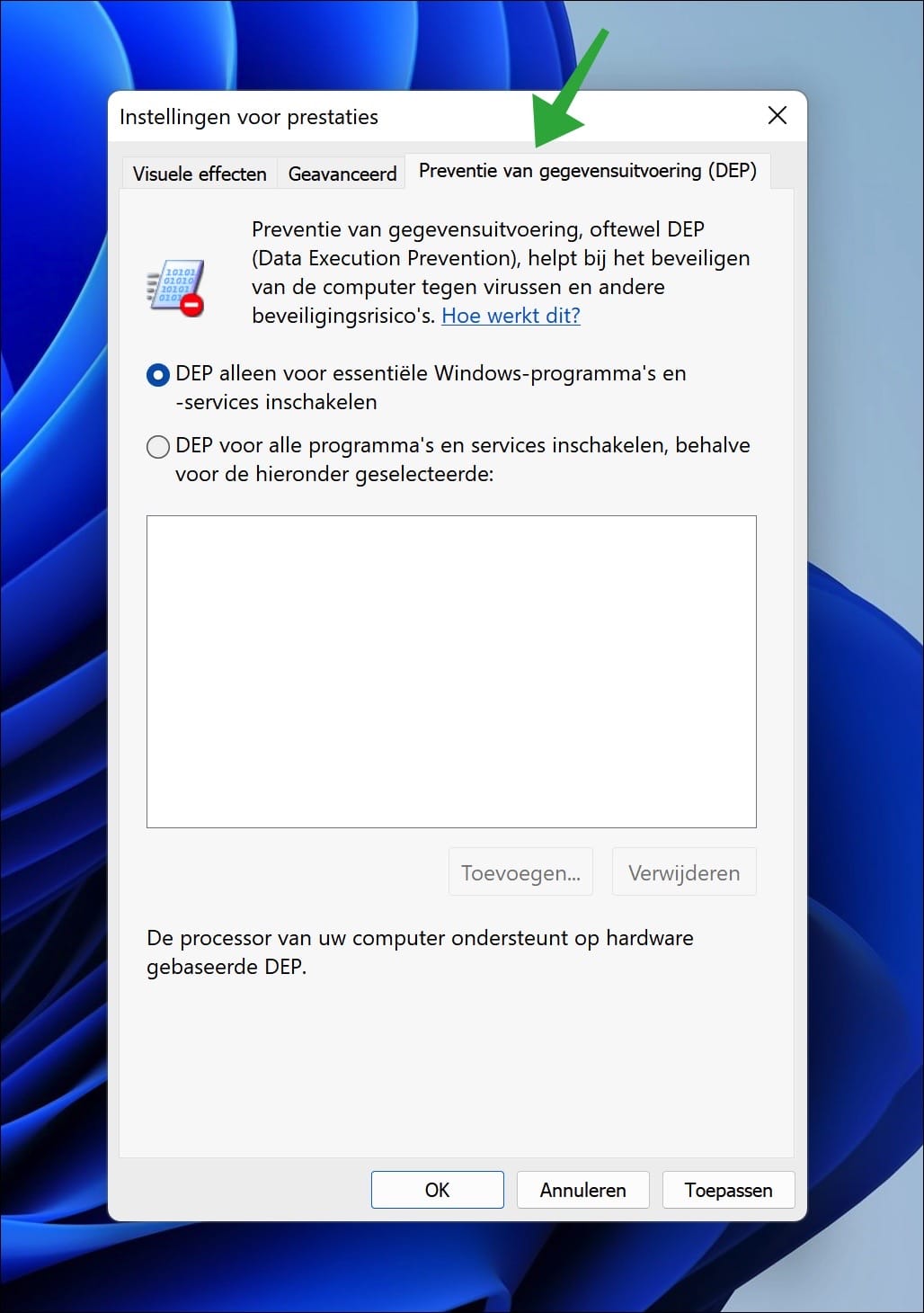 Preventie van gegevensuitvoering (DEP) in- of uitschakelen