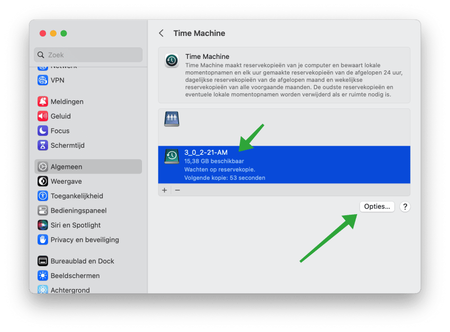 Reversekopie opties zoals backup frequentie