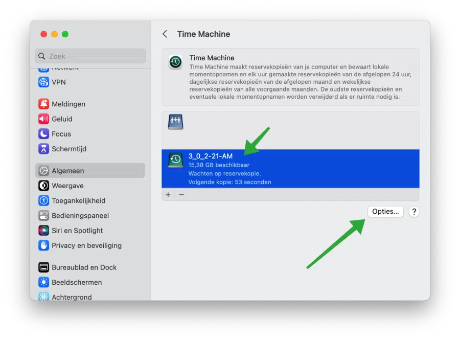 Reversekopie opties zoals backup frequentie
