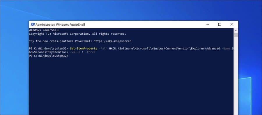 Seconden toevoegen aan de klok in Windows 10 via PowerShell