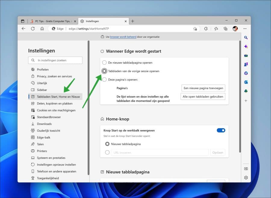 Tabbladen van de vorige sessie openen met Microsoft Edge