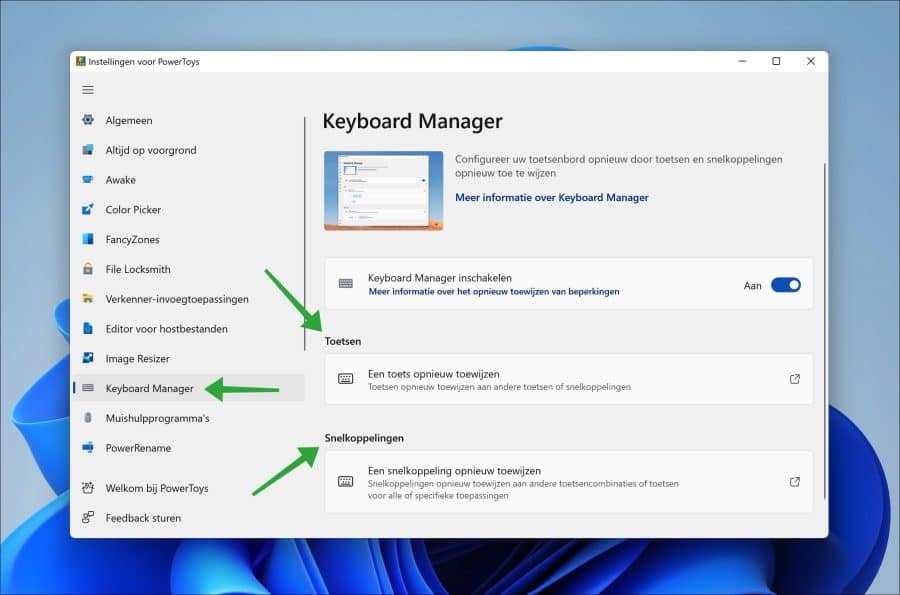 Toets of snelkoppeling toewijzen met PowerToys