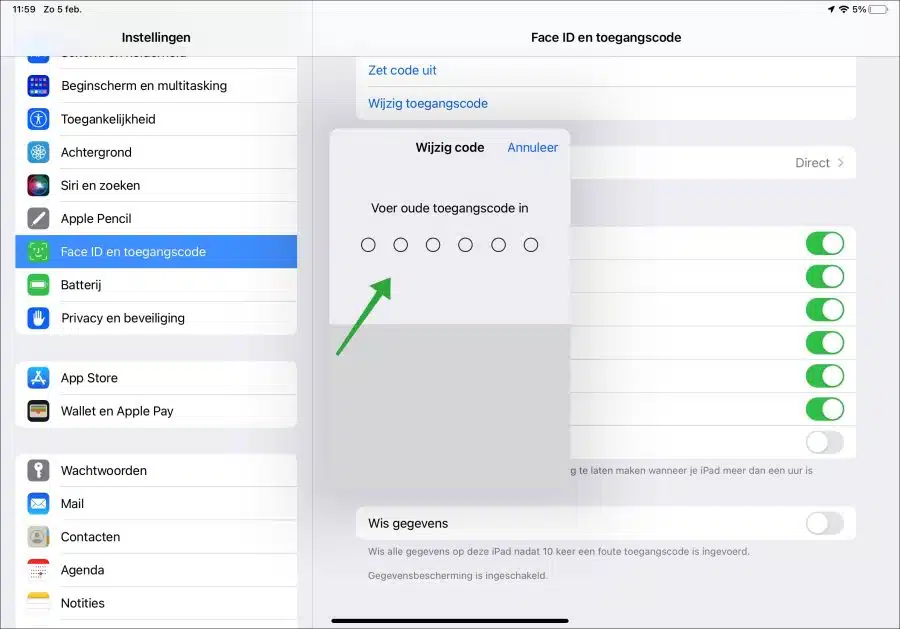 Voer oude toegangscode in