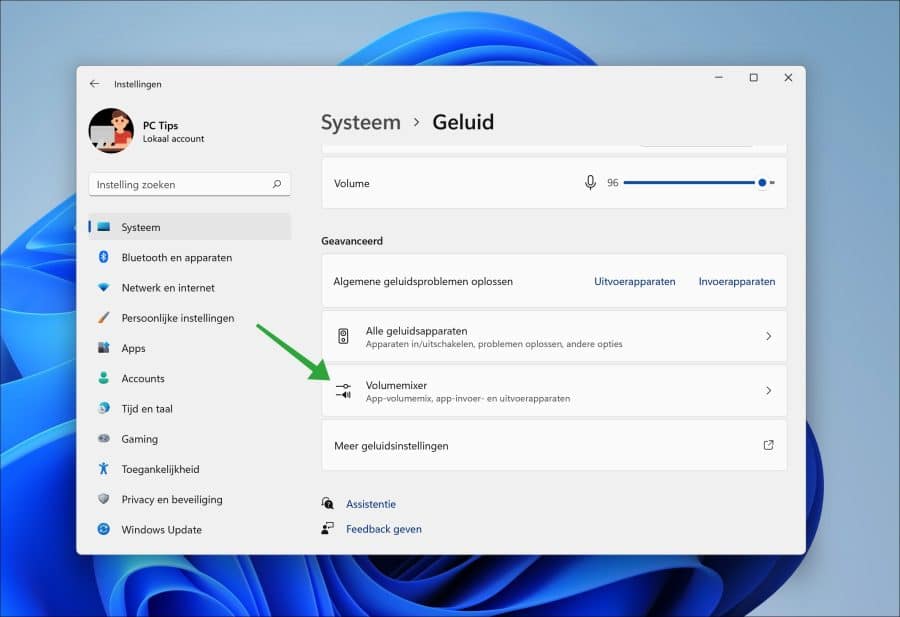 Volumemixer instellingen in Windows 11