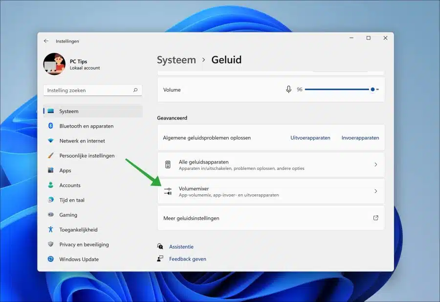 Volumemixer instellingen in Windows 11