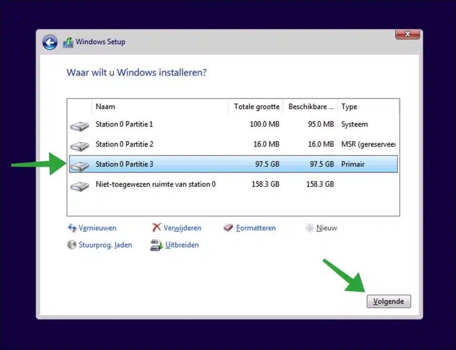 Windows 11 partitie selecteren om op te installeren