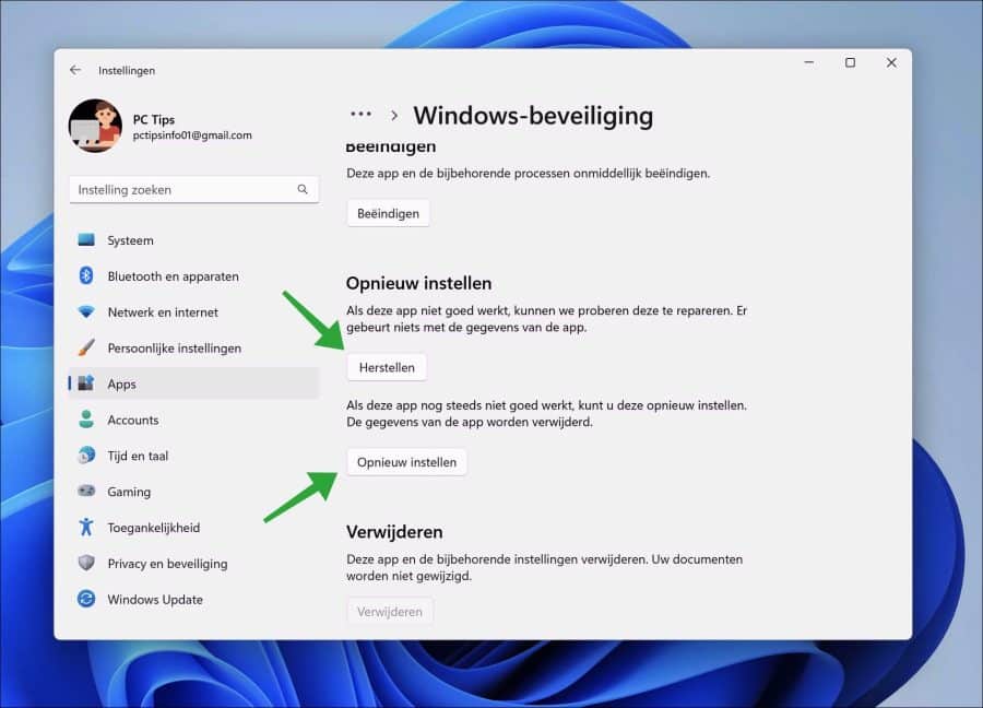 Windows beveiliging opnieuw instellen