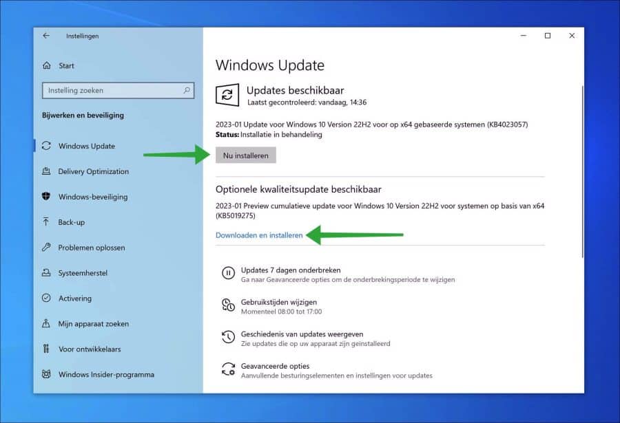 Mise à jour Windows - mises à jour disponibles