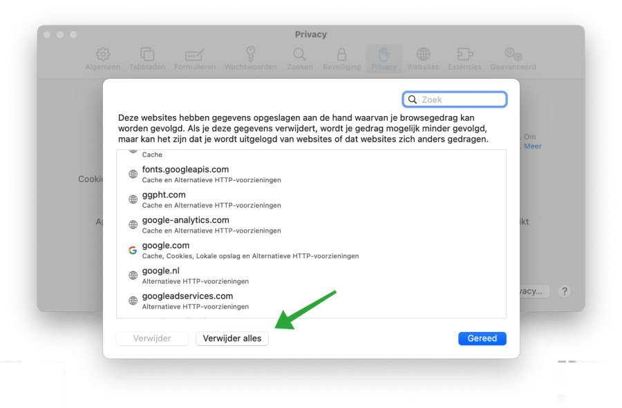 Alle cookies verwijderen Safari browser
