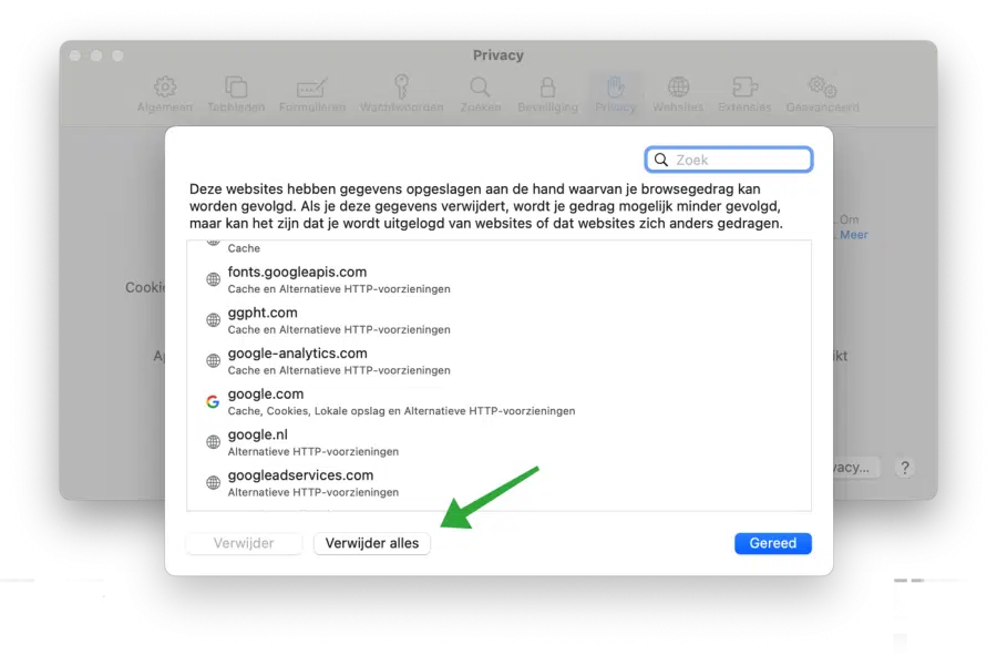 Alle cookies verwijderen Safari browser