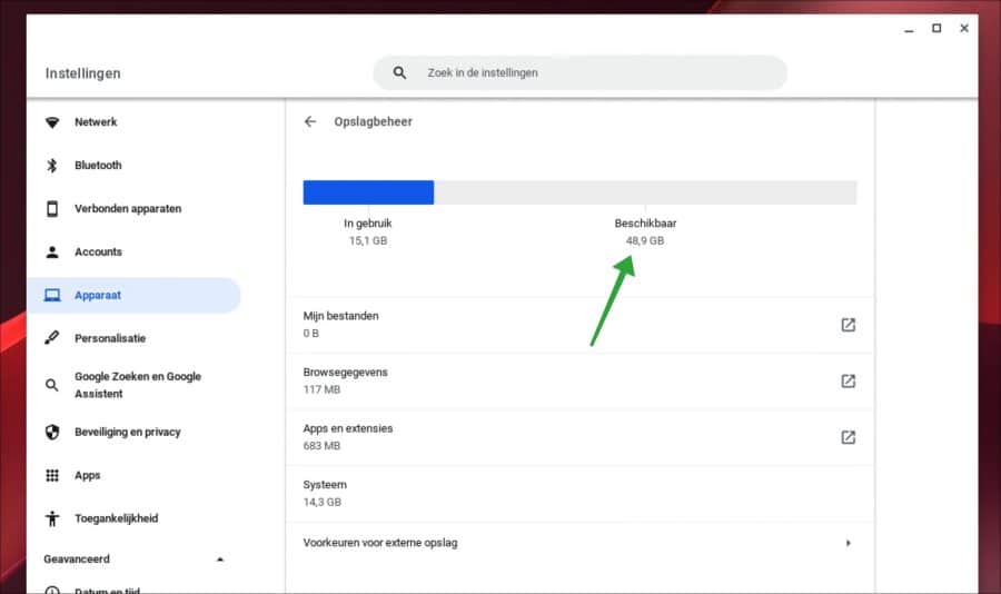 Beschikbare schijfruimte in Chromebook