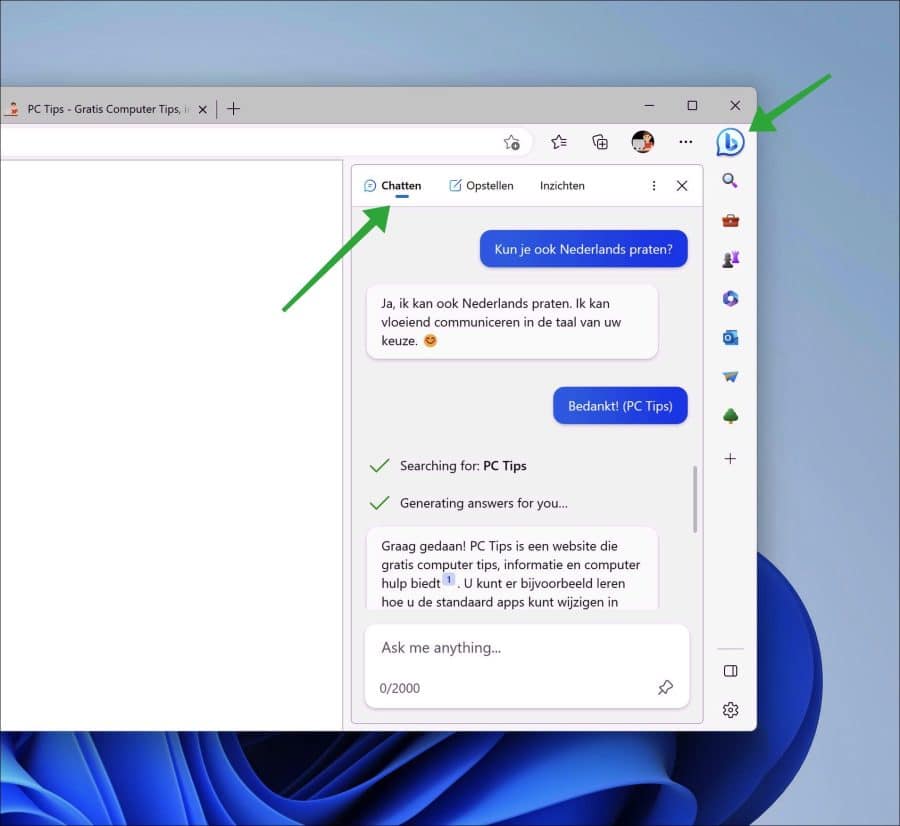 Bing Chat AI in Microsoft Edge chatten