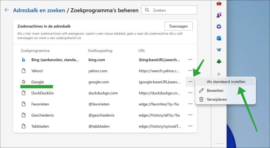 Bing vervangen door Google in Microsoft Edge