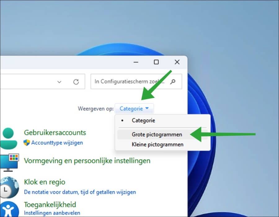 Configuratiescherm grote pictogrammen