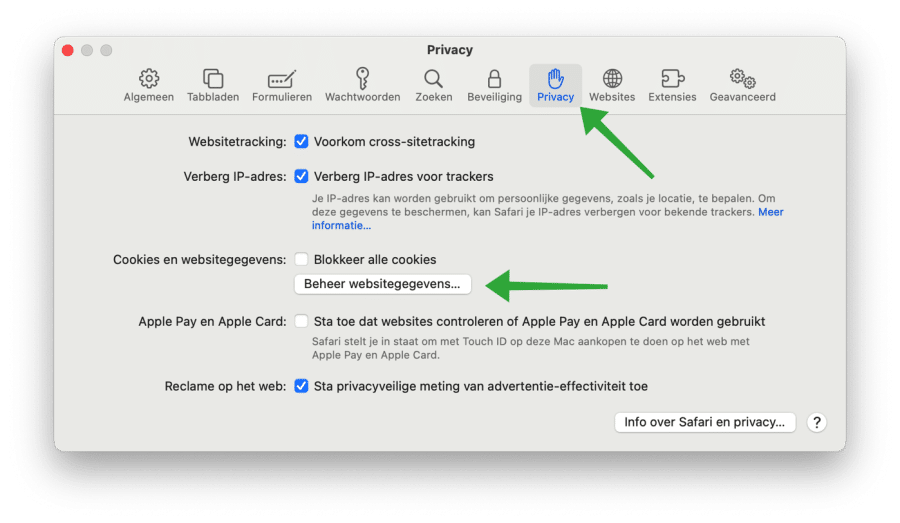 Cookies y datos del sitio en la configuración de privacidad del navegador Safari