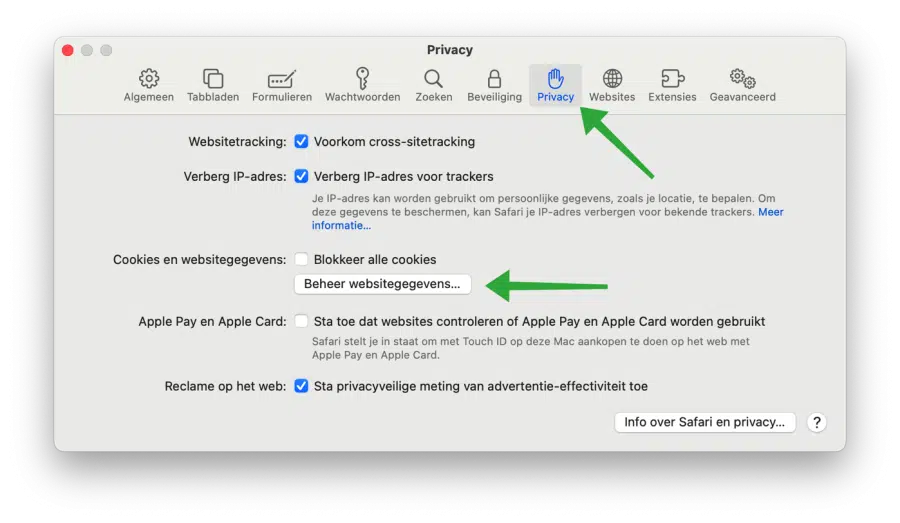 Cookies en sitegegevens in de privacy instellingen Safari browser