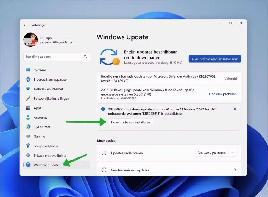 KB5022913 installeren via Windows update in Windows 11