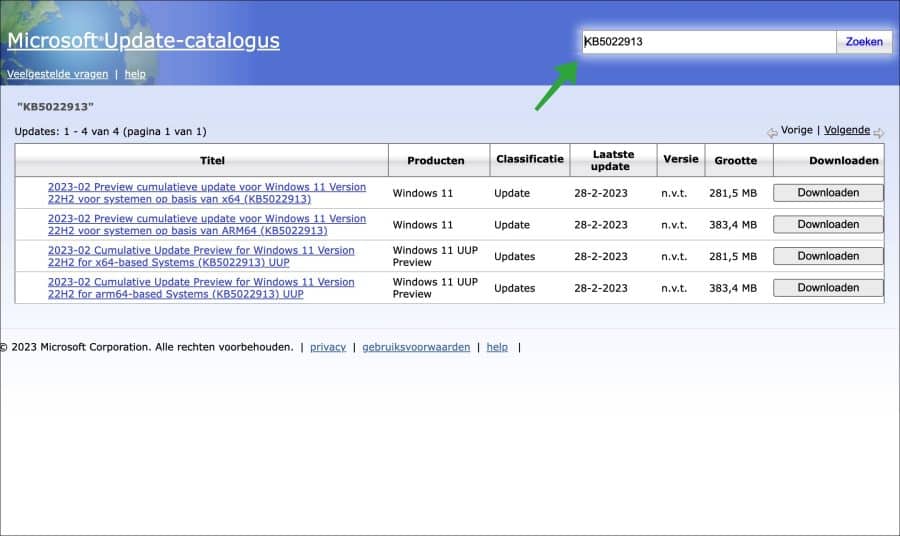 KB5022913 installeren via update catalogus