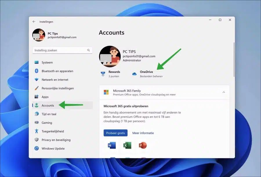 OneDrive instellingen in Windows 11 account