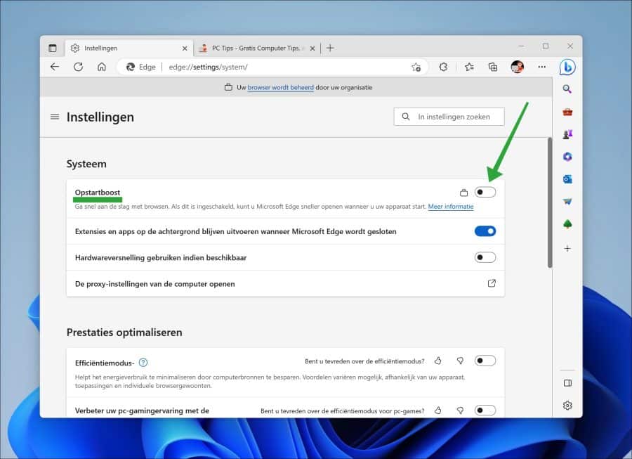 Opstartboost uitschakelen in de Microsoft Edge browser