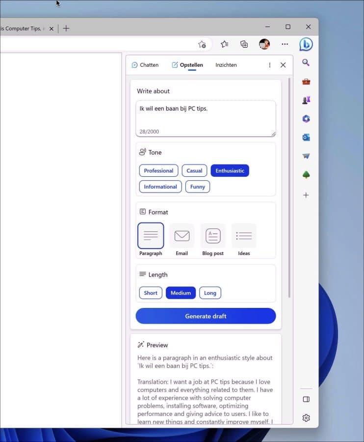 Opstellen functie in Bing Chat AI Microsoft Edge browser