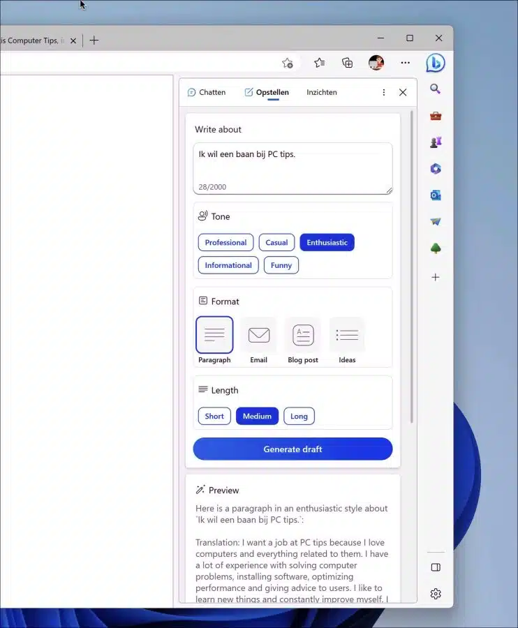 Opstellen functie in Bing Chat AI Microsoft Edge browser