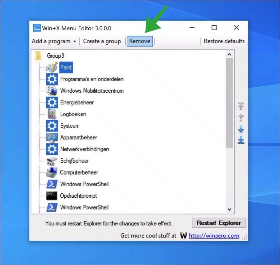 Snelkoppeling verwijderen uit het Win-X menu
