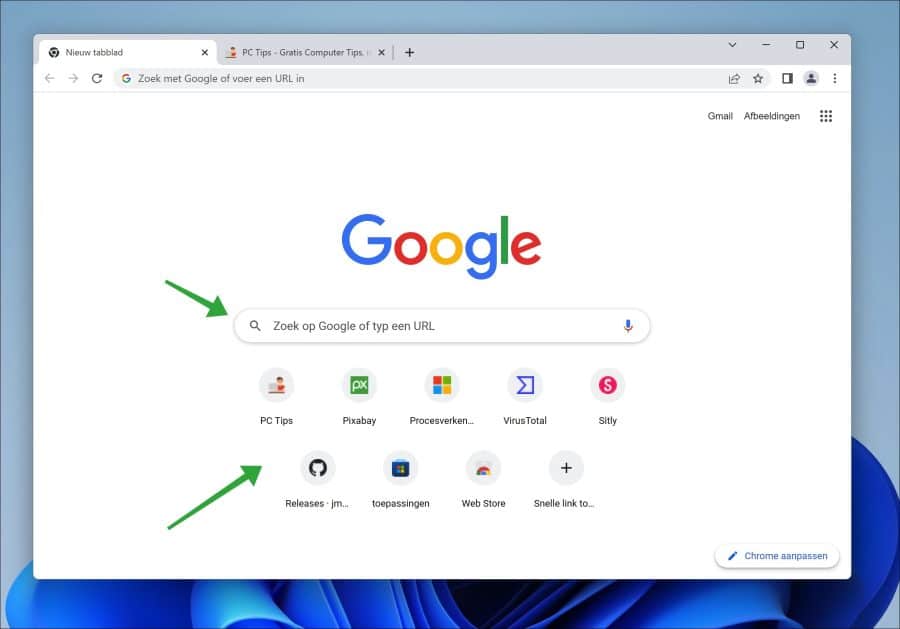 Snelkoppelingen op nieuw tabblad in Google chrome