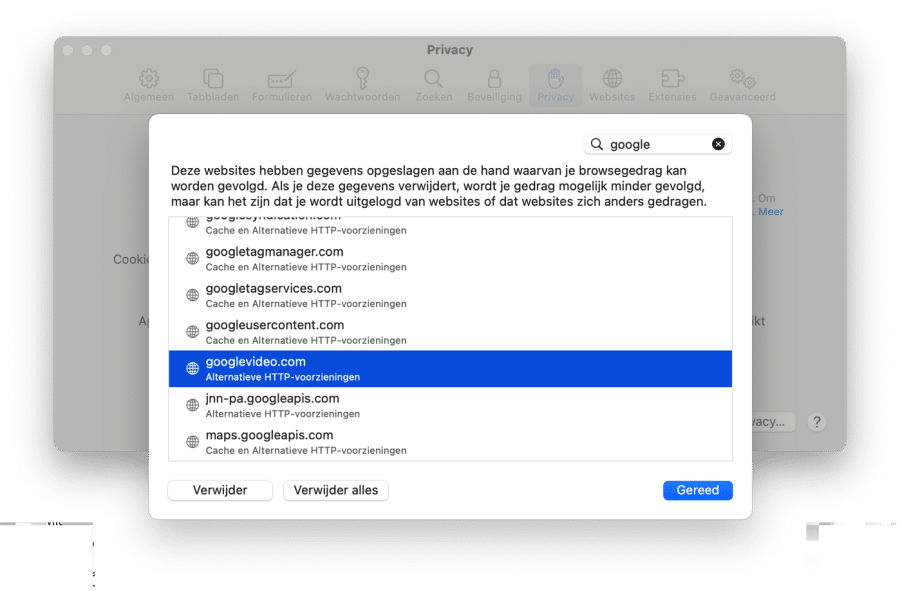 Eliminar cookies específicas del navegador Safari