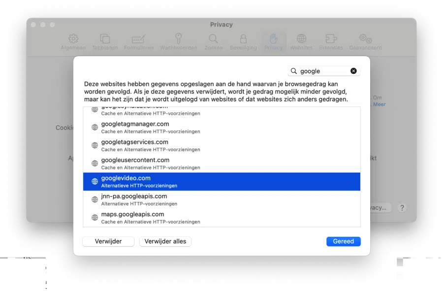 Specifieke cookies verwijderen Safari browser