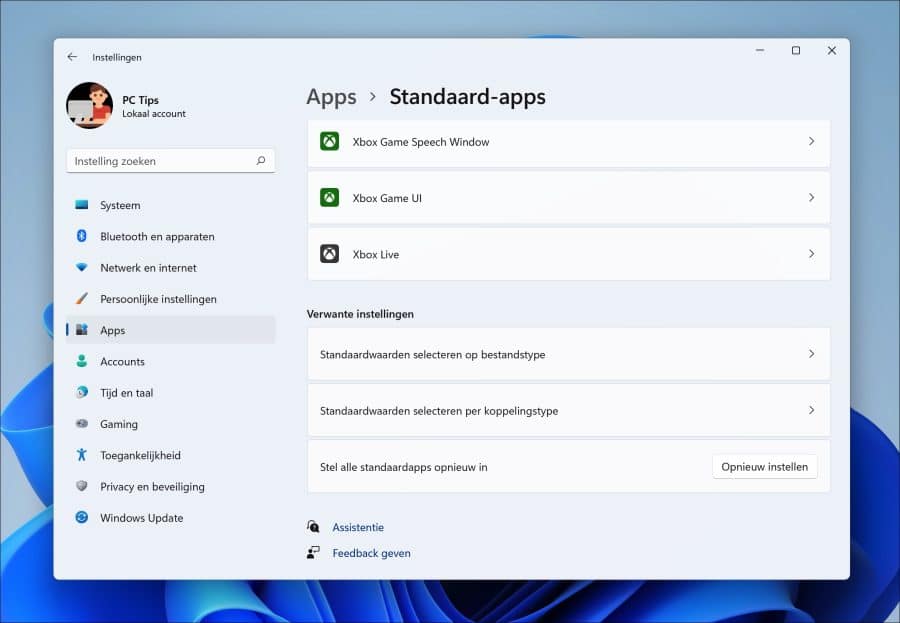 Standaard apps verwante instellingen