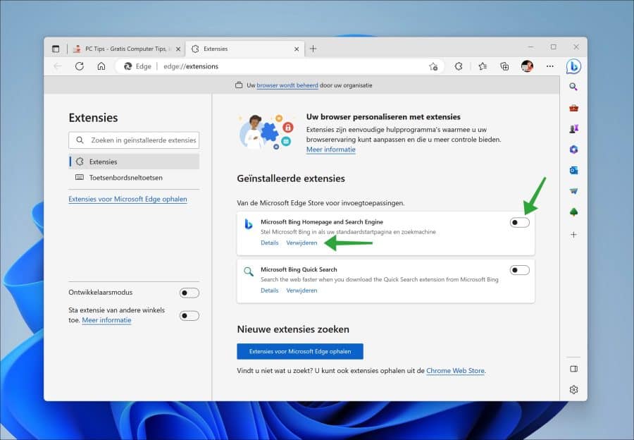 extensies verwijderen uit Microsoft bing