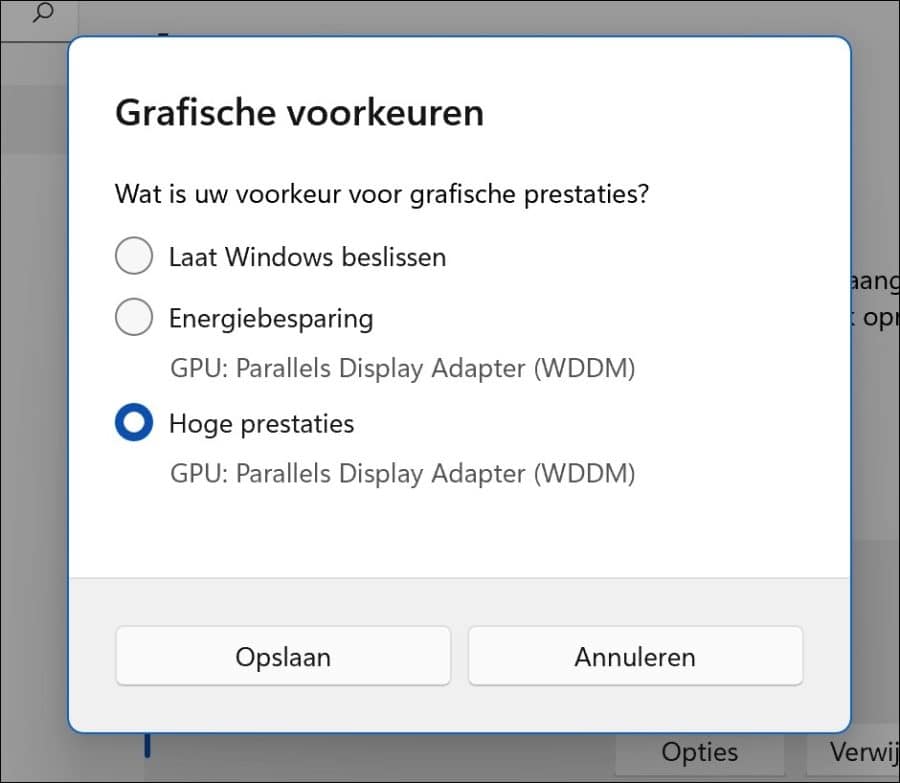 voorkeuren voor grafische prestaties