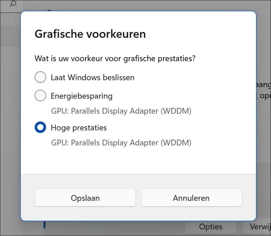 voorkeuren voor grafische prestaties