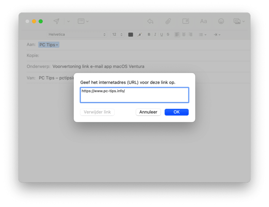 aperçu du lien de messagerie de l'application macos