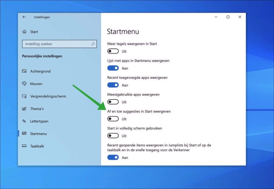 Af en toe suggesties in Start weergeven