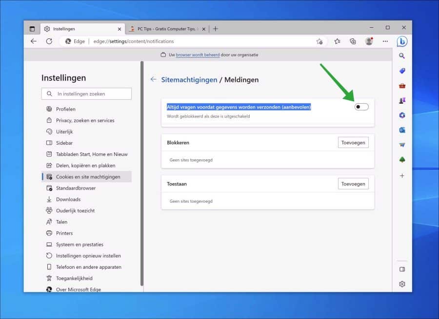 Altijd vragen voordat gegevens worden verzonden uitschakelen in Microsoft Edge