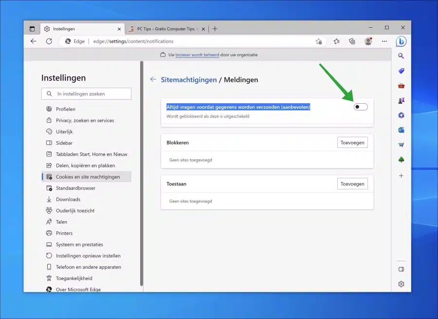 Altijd vragen voordat gegevens worden verzonden uitschakelen in Microsoft Edge