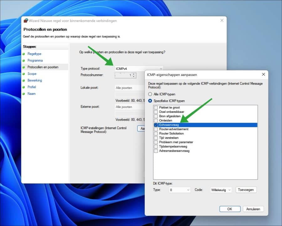 Echoaanvraag toestaan in windows firewall