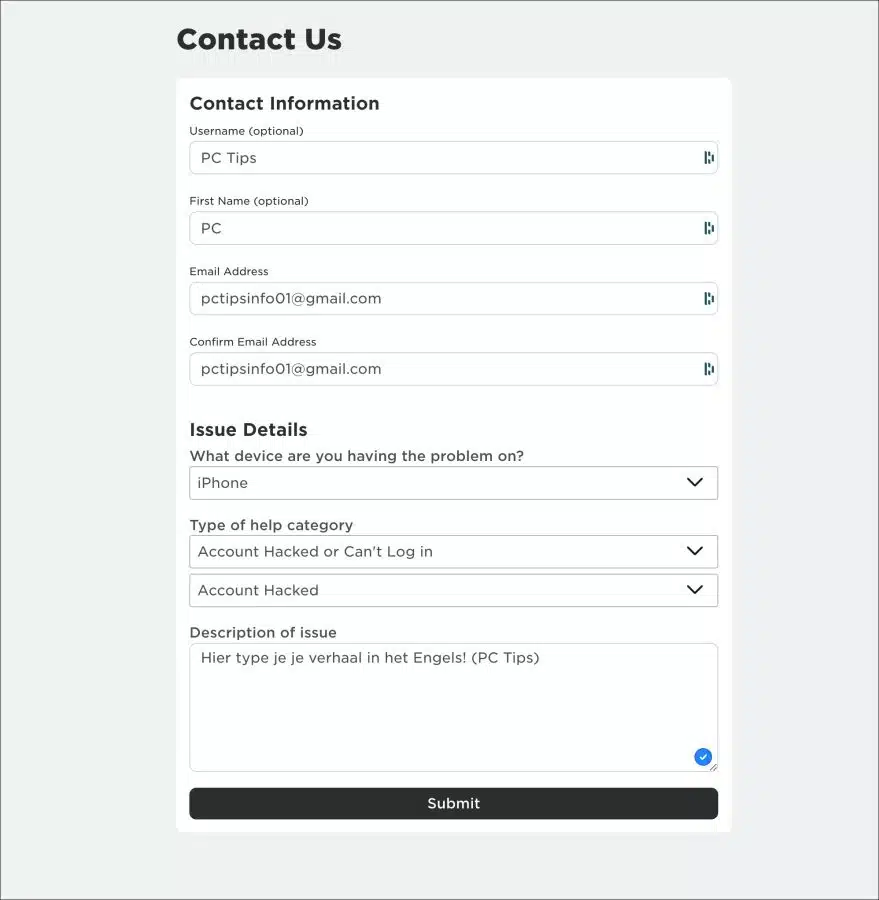 Geblokkeerd in roblox contactformulier