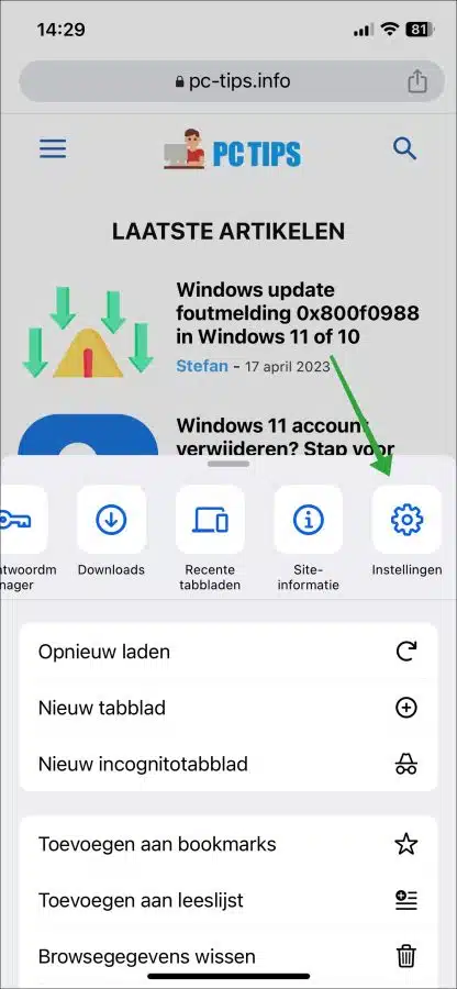 Google Chrome instellingen openen iPhone