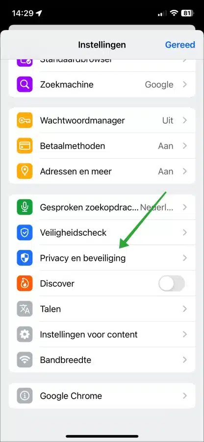 Google Chrome privacy en beveiliging openen iPhone