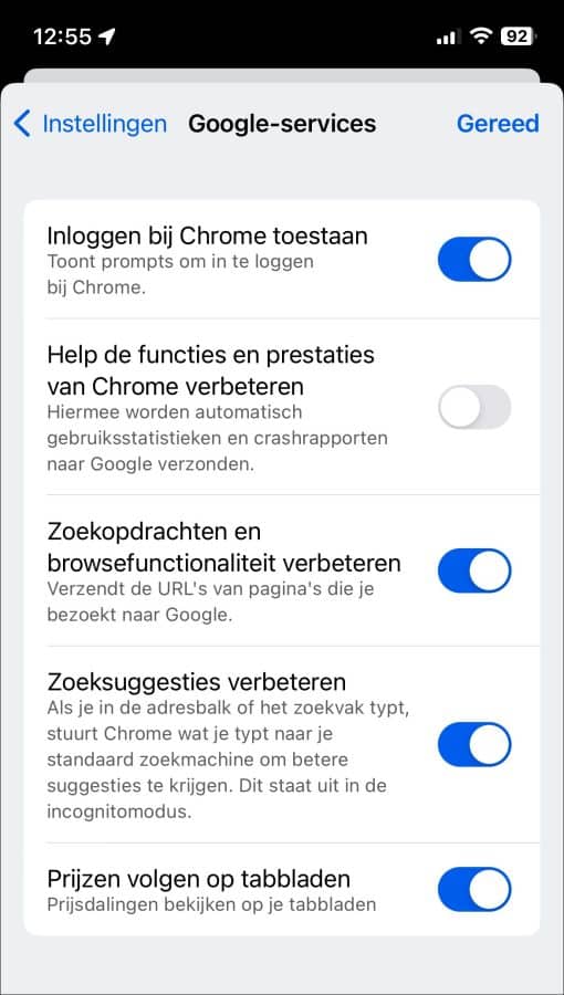 Google services in Google Chrome